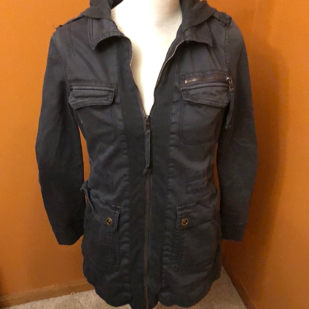 Peyton Jensen hooded jacket.  Grayish blue.